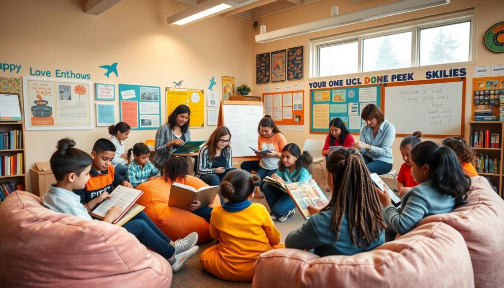 A warm, inviting classroom setting with a group of diverse students and teachers engaged in interactive storytelling. A cozy nook with plush bean bags and bookshelves in the foreground, students huddled around a teacher reading from an open book. In the middle ground, pairs and small groups collaboratively creating stories on tablets and whiteboards. The background features inspirational wall displays, educational posters, and a large window flooding the room with natural light. The scene conveys the benefits of interactive learning - fostering creativity, critical thinking, and strong interpersonal connections. Shot with a wide-angle lens to capture the dynamic, immersive atmosphere.