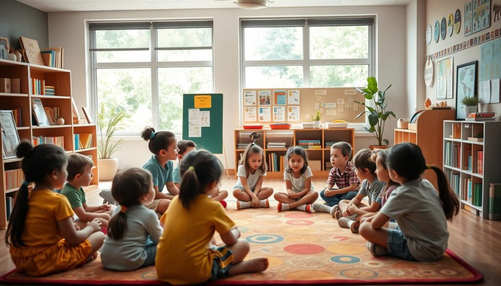A warm, inviting classroom setting with a group of young children and their teacher engaged in collaborative goal-setting. In the foreground, a diverse group of children sit in a circle, discussing their educational aspirations and dreams while the teacher facilitates the conversation, guiding them with gentle questions. The middle ground features a well-stocked bookshelf, educational posters, and a colorful rug, creating a stimulating and nurturing environment. The background showcases large windows allowing natural light to flood the space, with lush greenery visible outside, conveying a sense of growth and possibility. The lighting is soft and diffused, creating a calming atmosphere that encourages open communication and mutual understanding between the children and their teacher.