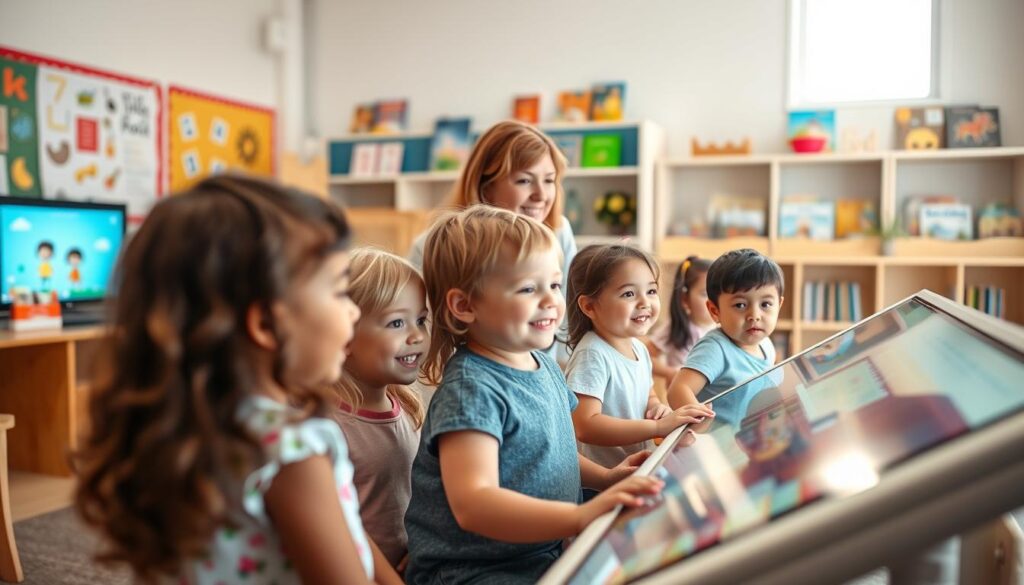 A warm, inviting preschool classroom with Lunesia learning technology. In the foreground, a group of young children enthusiastically engaged with Lunesia's interactive displays, their faces lit with curiosity and delight. In the middle ground, a teacher guides them, using Lunesia's intuitive interface to facilitate collaborative learning. The background showcases a vibrant, colorful space filled with educational posters, natural light, and shelves of storybooks, creating a nurturing environment conducive to early childhood development. The lighting is soft and diffused, capturing the calm, positive atmosphere of the scene. Captured with a wide-angle lens to provide a comprehensive view of the classroom's activities and layout.