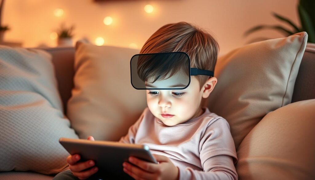 A warm, soft-lit scene of a young child sitting comfortably on a couch, their eyes focused on a tablet device. Their eyes are shielded by a transparent, adjustable screen filter that diffuses the blue light, protecting their delicate vision. The background is a cozy, inviting living room setting, with plush pillows, plants, and subtle ambient lighting creating a calming atmosphere. The overall mood is one of care, safety, and mindful engagement with technology.