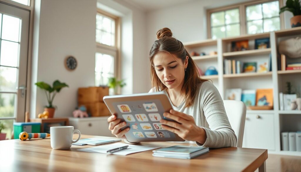 A well-lit, modern home office with a woman sitting at a desk, intently evaluating various educational apps on a tablet. The room features an abundance of natural light from large windows, creating a warm, inviting atmosphere. In the foreground, the woman's face is focused, brow furrowed in concentration as she meticulously assesses the app's content, user interface, and age-appropriateness. The desk is neatly organized, with the tablet as the central focus, surrounded by notes and a cup of coffee. In the background, educational toys and children's books line the shelves, hinting at the woman's role as a parent exploring the best apps for her young child.
