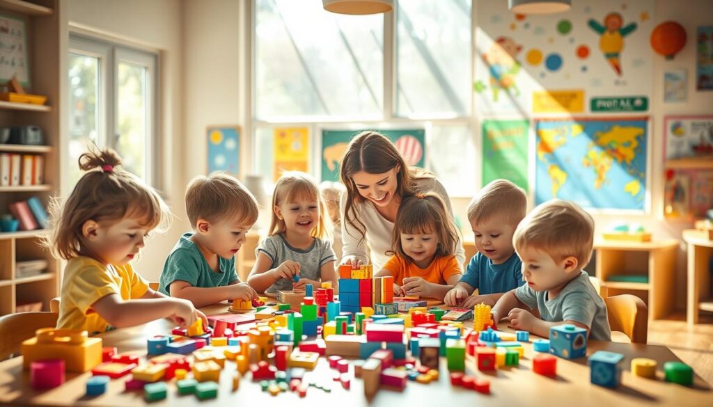 A whimsical, cheerful scene of children engaged in a variety of cognitive activities. In the foreground, a group of young children sit around a table, deeply focused on puzzles, blocks, and other stimulating toys that challenge their problem-solving and spatial reasoning skills. Sunlight streams in through large windows, casting a warm, inviting glow on the scene. In the middle ground, a teacher or caregiver guides the children, encouraging their curiosity and providing gentle support. The background depicts a vibrant, colorful room filled with educational posters, maps, and artwork, creating an environment that nurtures intellectual growth and development. The overall mood is one of joy, learning, and the boundless potential of young minds.