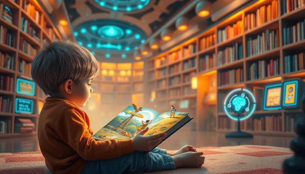 A whimsical, highly detailed scene of AI-powered personalized children's literature. In the foreground, a young child sits reading a vibrant, interactive storybook, the pages animated with dynamic characters and scenery that respond to their touch. In the middle ground, digital avatars of the child's favorite characters come to life, guiding the narrative and offering personalized content. In the background, a futuristic library filled with intelligent bookshelves and glowing interfaces, where AI algorithms curate custom reading experiences. Warm, ambient lighting casts a dreamlike glow, conveying a sense of wonder and imagination. The entire scene is rendered with a painterly, fantastical aesthetic, capturing the joy and magic of AI-enhanced interactive storytelling.