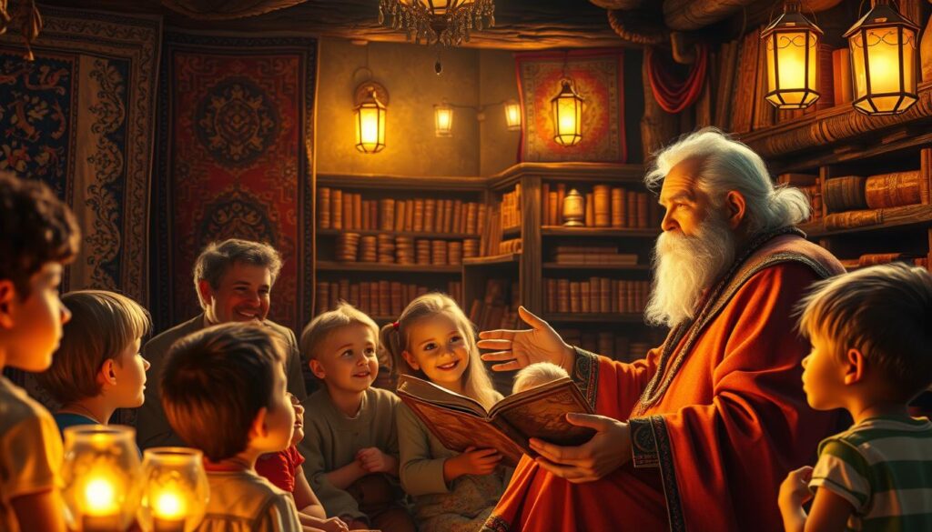A whimsical scene of Lunesian storytelling unfolds, bathed in warm, golden light. In the foreground, a wise, elderly narrator captivates a rapt audience of children, their faces aglow with wonder. The narrator gestures expressively, bringing the tale to life. In the middle ground, intricate tapestries and woven hangings adorn the walls, their vibrant patterns suggesting the rich cultural heritage of Lunesia. The background reveals a cozy, dimly lit interior, with shelves of ancient tomes and glowing lanterns casting a soft, ambient glow. An atmosphere of intimate, tranquil contemplation pervades the space, inviting the viewer to be drawn into the enchanting world of Lunesian storytelling.