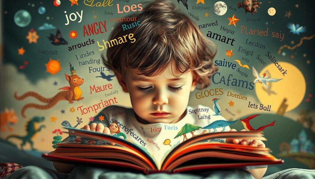 A whimsical scene of a young child immersed in a storybook, surrounded by a swirling tapestry of emotive words and colorful illustrations. In the foreground, the child's face is alight with wonder, their hands gently caressing the pages. Floating above them, a constellation of expressive typography - joy, sadness, anger, fear - dances in a mesmerizing display. In the middle ground, the book's rich, fantastical imagery - mythical creatures, enchanted landscapes - spills out, blending into the background. A warm, soft-focus lighting envelops the scene, evoking a sense of comfort and imagination. The overall composition conveys the power of storytelling to cultivate emotional understanding and resilience.