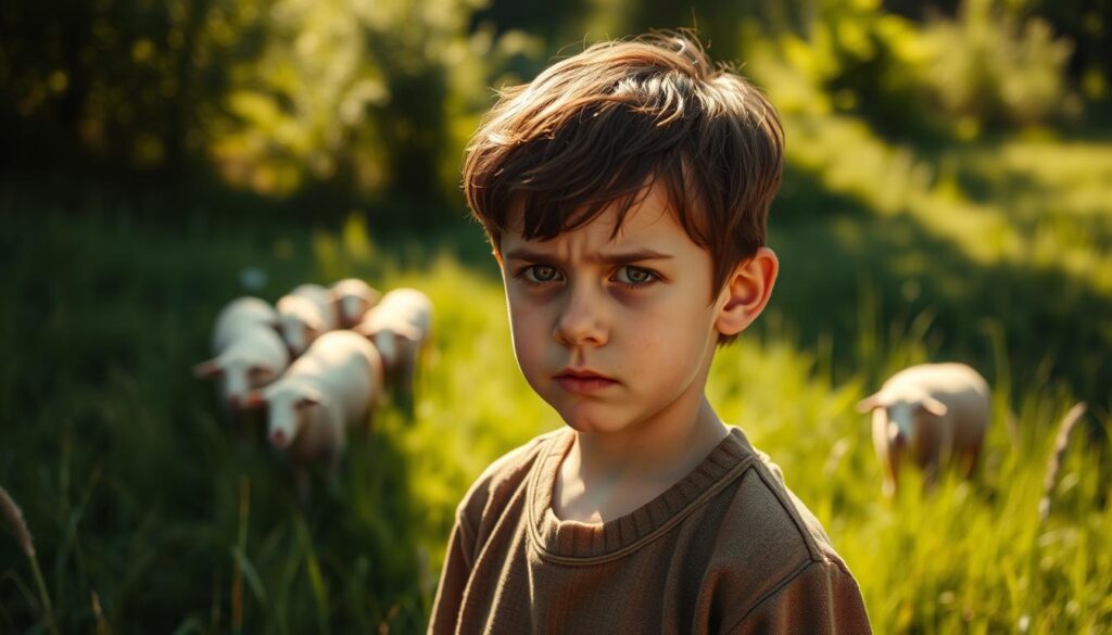 A young boy stands in a meadow, his face etched with a mix of concern and defiance. The sunlight casts a warm glow, illuminating the lush greenery that surrounds him. In the distance, a flock of sheep graze peacefully, unaware of the impending drama. The boy's expression conveys the weight of his actions, as he prepares to cry "Wolf!" once more, testing the limits of trust and the consequences of deceit. The scene is captured through a medium-wide lens, allowing the viewer to fully immerse themselves in the moment, connecting the fictional character to the real-life lessons of honesty and accountability.