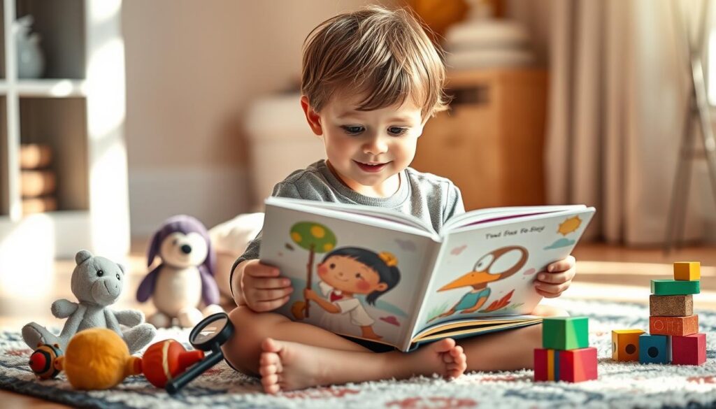 A young child, eyes filled with wonder, sits cross-legged on a cozy rug, engrossed in a storybook. Surrounding them, a whimsical array of props - plush toys, a magnifying glass, and colorful building blocks - invite interaction and imaginative play. Soft, warm lighting filters through the window, casting a cozy glow on the scene. The child's expression is one of pure joy and curiosity, reflecting the magic of the storytelling experience. The overall atmosphere is one of enchantment, where learning and discovery seamlessly blend together, creating an inviting and engaging environment for the child's reading adventure.