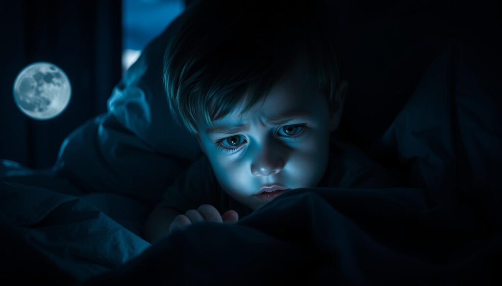 A young child lying in bed, their face illuminated by the soft glow of a nightlight. The child's expression is one of deep concern, brows furrowed, eyes wide with apprehension. The room is cast in deep shadows, with a sense of stillness and isolation. Moonlight filters in through the window, casting an eerie, bluish hue across the scene. The bedsheets are rumpled, a testament to the child's restless sleep. The atmosphere is heavy with a palpable sense of unease and vulnerability, conveying the profound impact of nighttime anxiety on a child's well-being.