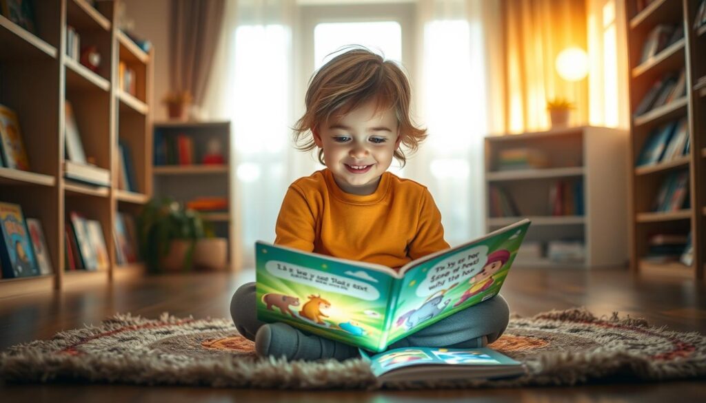 A young child sits cross-legged on a cozy rug, intently reading an interactive storybook. The room is filled with warm, natural light, casting a soft glow on the scene. Vibrant illustrations come to life on the pages, capturing the child's imagination. Shelves of children's books line the walls, hinting at a world of educational adventures. The child's expression is one of pure joy and wonder, as they discover new insights and skills through the engaging narrative. A sense of curiosity and intellectual stimulation permeates the atmosphere, reflecting the deep educational value of this immersive learning experience.