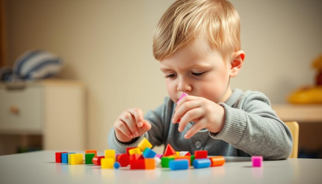 A young child sitting at a table, their small hands carefully manipulating colorful beads, blocks, or other fine motor toys. Soft, diffused lighting illuminates the scene, creating a warm, nurturing atmosphere. The child's face is focused, their brow furrowed in concentration as they engage in the task at hand. The table is simple and uncluttered, allowing the viewer to hone in on the child's developing dexterity and hand-eye coordination. The background is blurred, drawing the eye to the central activity and emphasizing the importance of this foundational physical development milestone.