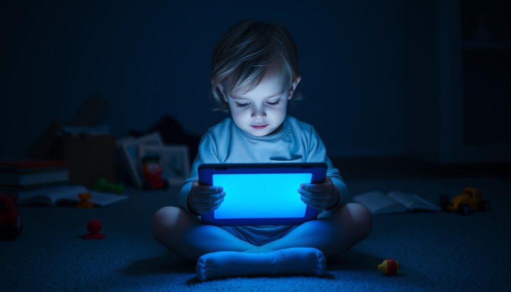 A young child sitting cross-legged on the floor, their eyes glued to a tablet screen, the blue light casting an eerie glow on their face. In the background, scattered toys and books lie neglected, a metaphor for the child's diminished engagement with the physical world. The room is dim, with muted lighting that enhances the sense of isolation. The child's expression is one of captivation, their fingers navigating the device with practiced ease, signaling the encroachment of technology into the very fabric of their formative years. A cautionary tale of the potential consequences of excessive screen time on a 3-year-old's development and wellbeing.