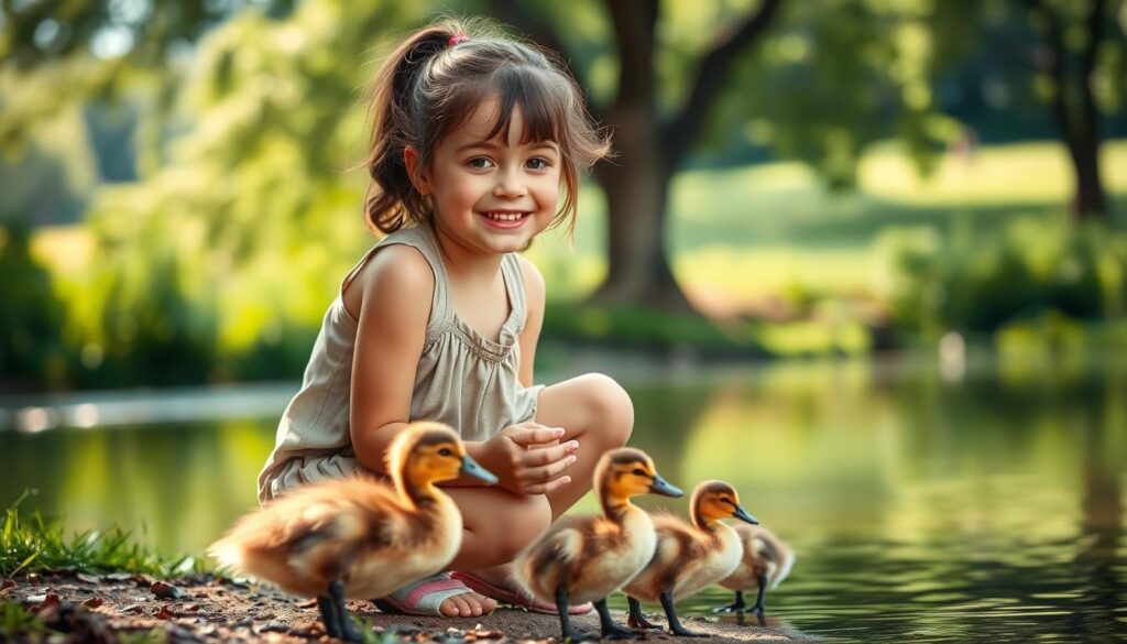 A young girl, exuding confidence, kneels beside a serene pond, petting a gentle duckling. Soft, natural lighting filters through the surrounding trees, casting a warm, inviting glow. The girl's expression is one of pure joy and wonder, her posture upright and assured. In the middle ground, a family of ducklings waddles nearby, their feathers shimmering as they explore the tranquil waters. The background blurs into a lush, verdant landscape, creating a sense of peaceful seclusion. The scene evokes a feeling of tranquility and self-assurance, capturing the essence of "Animal Interaction Activities for Confidence Building."