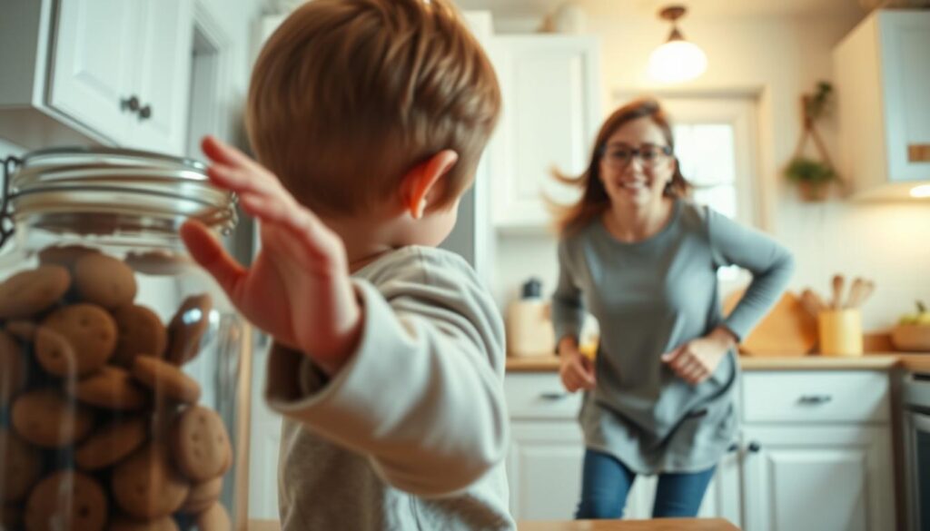 An everyday kitchen scene, with cause-and-effect relationships at play. In the foreground, a child reaches for a cookie jar, their hand caught mid-motion. In the middle ground, a parent rushes to intervene, their expression indicating the impending consequence. The background depicts a cozy, well-lit kitchen, with warm hues and subtle details that ground the scene in a relatable, domestic setting. The overall atmosphere conveys a sense of learning and understanding, as the child navigates the cause-and-effect dynamic of their actions.
