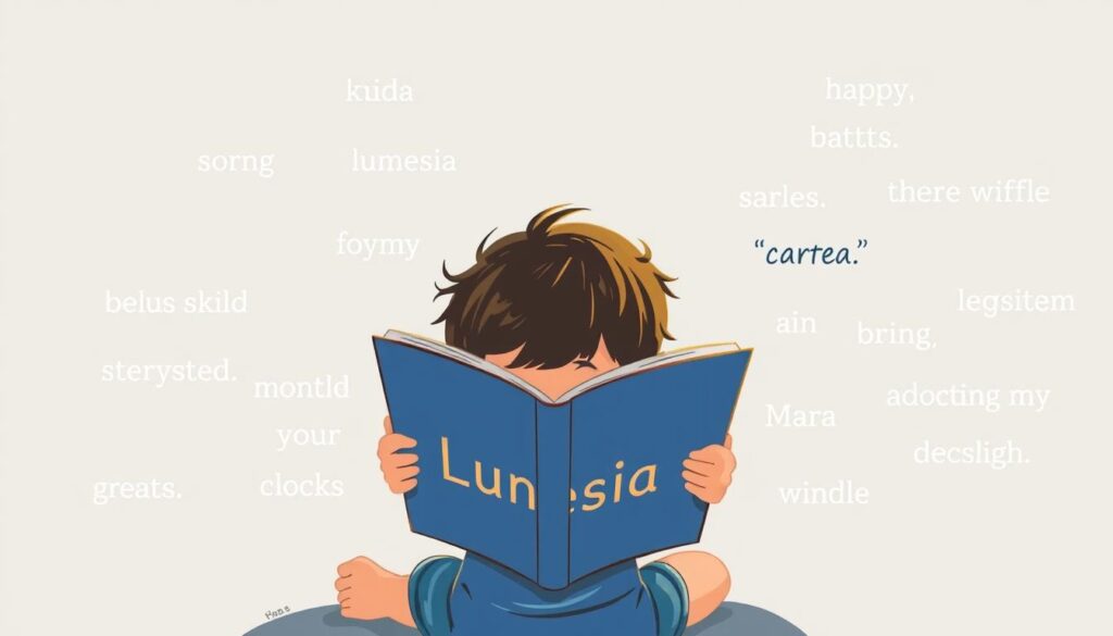 An image of a child reading a Lunesia storybook with a variety of vocabulary words highlighted.