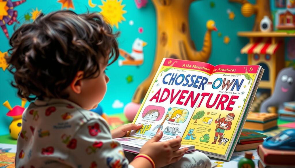An image of a child reading an interactive Choose-Your-Own-Adventure book