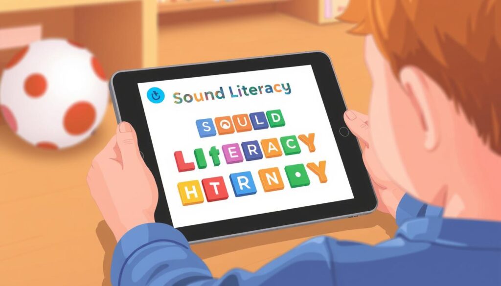 An image of a child using a tablet with Sound Literacy open, building words with letter tiles.