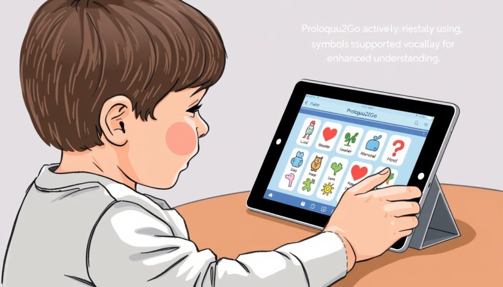 An image of a child using an iPad with Proloquo2Go open, communicating through symbol-supported vocabulary.