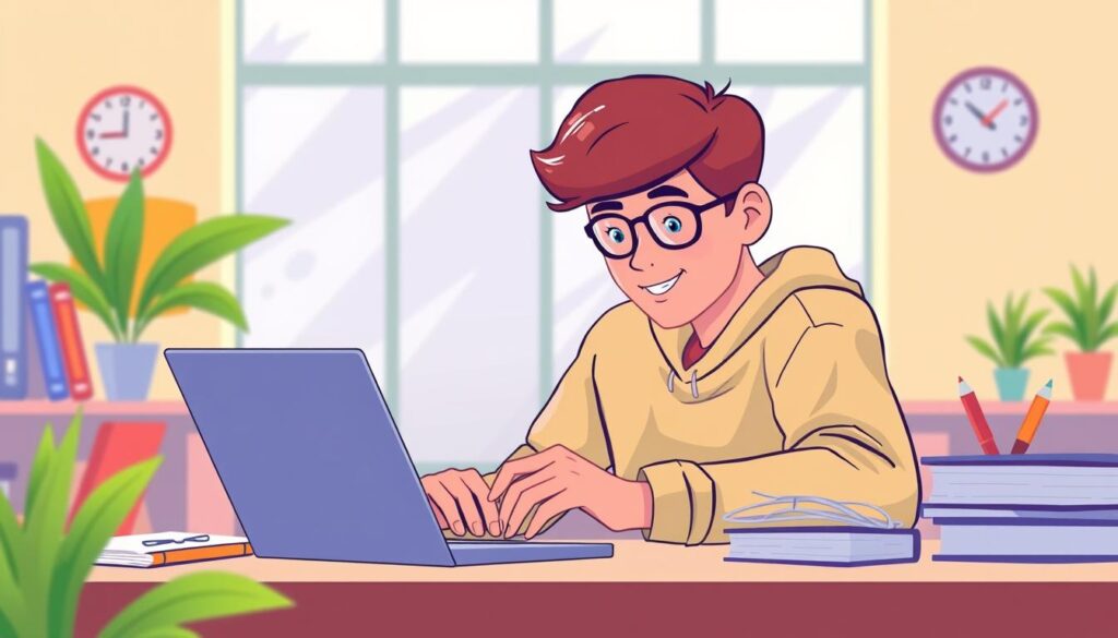 An image of a high schooler using an online course app on a laptop