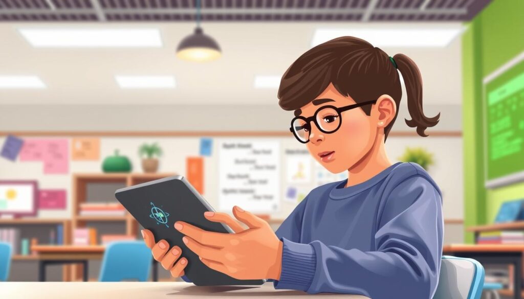 An image of a middle schooler using a science app on a tablet