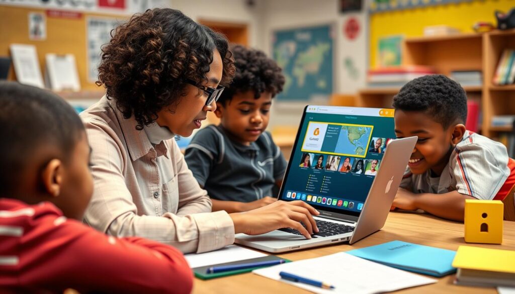 An image of a teacher using Google Classroom on a laptop