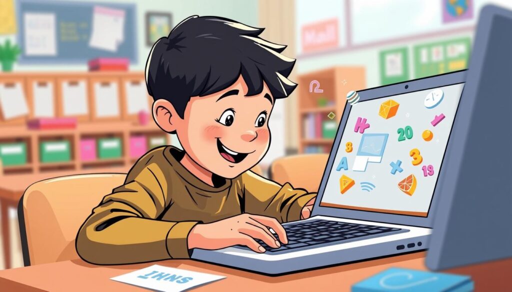An image of an elementary student using a math app on a laptop