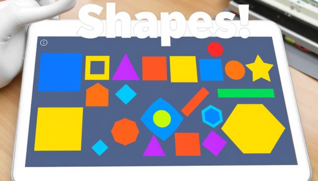 An image of the Shapes! app on a tablet, showing various shapes.