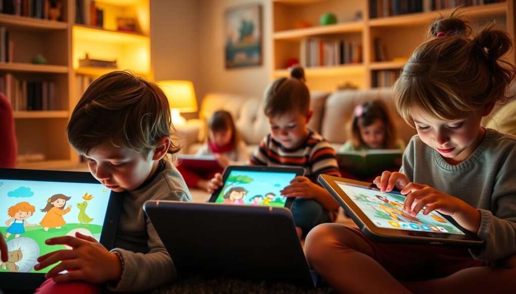 An immersive scene of children deeply engaged with colorful, interactive storytelling apps on their tablets. The foreground features two young siblings, a boy and a girl, their faces illuminated by the soft glow of the tablet screens as they intently watch animated characters come to life. In the middle ground, other children sit cross-legged, their expressions rapt as they tap and swipe, navigating through enchanting narratives. The background showcases a cozy, well-lit room, with bookshelves and plush seating, creating a warm, inviting atmosphere conducive to focused story exploration. Warm, diffused lighting casts a gentle, dreamlike quality, emphasizing the sense of wonder and discovery.