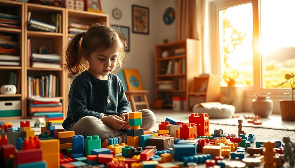 An intricate scene of a child engrossed in problem-solving, backlit by a warm, natural light. In the foreground, a young girl sits cross-legged, brow furrowed in deep concentration, surrounded by an array of colorful building blocks, puzzles, and other tactile learning tools. The middle ground showcases a cozy, well-appointed learning space, with shelves of books and educational materials casting intriguing shadows. In the background, a window overlooks a lush, verdant landscape, suggesting a nurturing, exploratory environment conducive to critical thinking and intellectual growth. The overall mood is one of focused engagement, curiosity, and the joy of discovery.