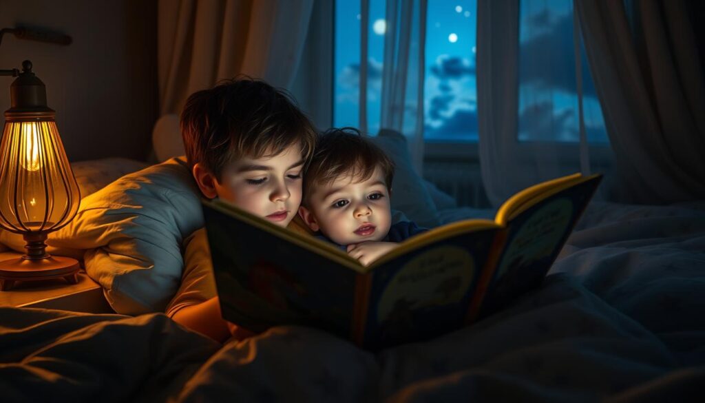 Bedtime stories unfold in a cozy, dimly lit bedroom. A young child snuggles under plush, star-patterned bedding, captivated by an adult reading from a colorful, hardcover storybook. Soft, warm lighting emanates from a vintage bedside lamp, casting a golden glow. In the background, wispy, cloud-like curtains frame a peaceful night sky visible through a window. The child's face is filled with wonder and delight, their imagination taking flight as they are transported to the enchanting world within the pages. A sense of comfort, security, and emotional connection permeates the scene.
