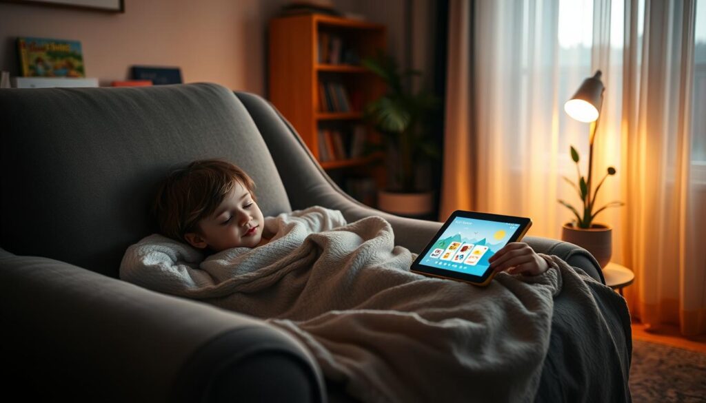 Calming bedtime routine with Lunesia: A cozy, dimly lit bedroom with a child peacefully cuddled up in a plush, oversized armchair, a soft blanket draped over their lap. Lunesia's soothing interface glows on a tablet held in their hands, the screen displaying gentle animations and tranquil nature sounds. Warm, ambient lighting filters in through sheer curtains, casting a serene atmosphere. In the background, a wooden bookshelf filled with children's books and a potted plant add to the nurturing, homely ambiance. The child's expression is one of calm, content focus as they engage with Lunesia's educational yet calming content before drifting off to sleep.