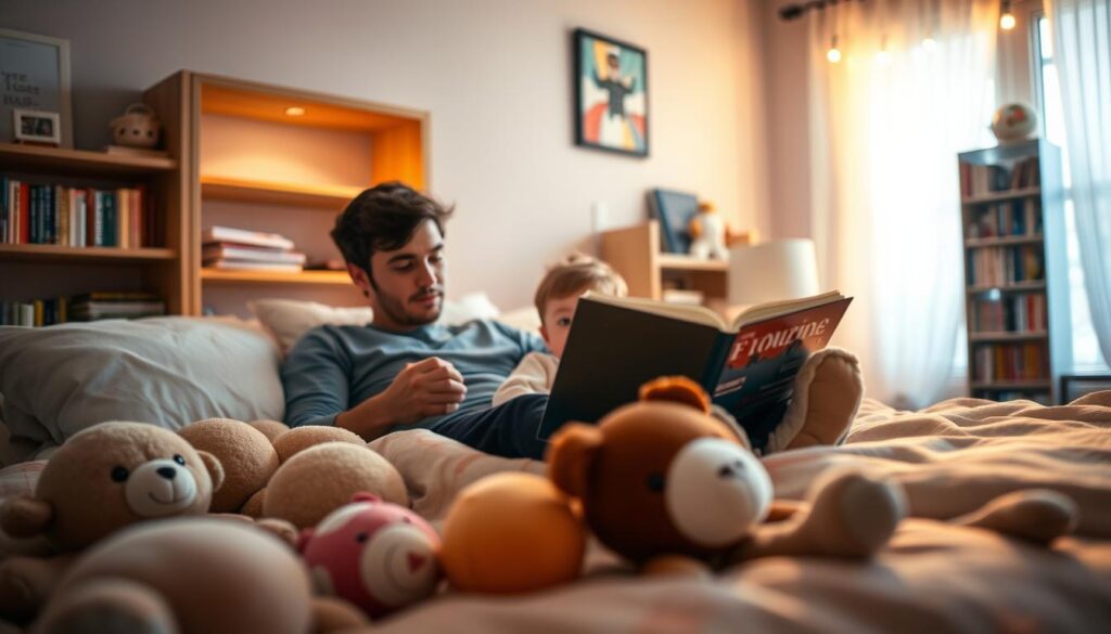 Cozy bedroom scene with a parent reading bedtime stories to a young child, bathed in warm, soft lighting. The parent sits on the edge of a comfy bed, book in hand, as the child snuggles up beside them, eyes wide with wonder. Plush toys and pillows fill the foreground, creating a sense of comfort and security. In the background, bookshelves line the walls, hinting at a love of reading. The atmosphere is tranquil, inviting, and conducive to a peaceful, restful night's sleep.