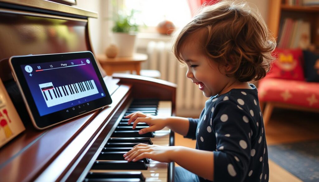 Create an image of a child using Simply Piano on a tablet