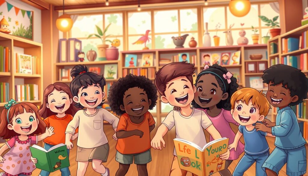 Diverse characters in a vibrant, welcoming children's book scene. In the foreground, a group of smiling, energetic children of different races, genders, and abilities playing together. In the middle ground, shelves of colorful, whimsical books with characters representing a wide range of backgrounds. The background depicts a cozy, well-lit library setting with large windows, warm lighting, and nature-inspired accents, conveying a sense of inclusivity and wonder. The overall atmosphere is uplifting, joyful, and celebrates the beauty of diversity.
