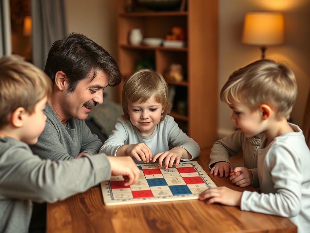 Family playing a board game that teaches turn-taking and patience