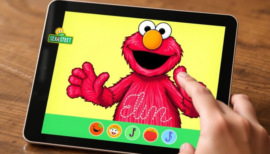 Generate an image of Elmo from Sesame Street on a tablet screen, with interactive letter tracing activities and games visible.