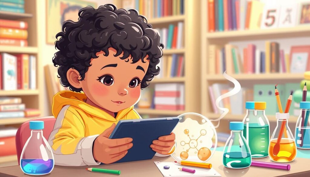 Generate an image of a child conducting a simple science experiment on a tablet.