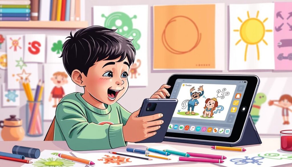 Generate an image of a child creating a 3D animation using Toontastic.