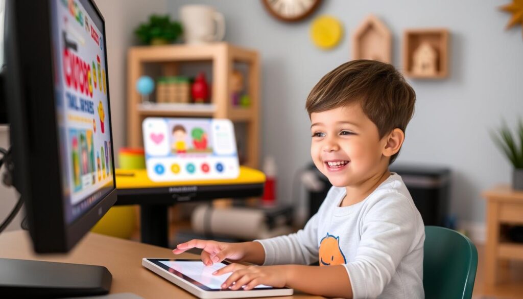 Generate an image of a child engaging with ABCmouse on a computer or tablet.