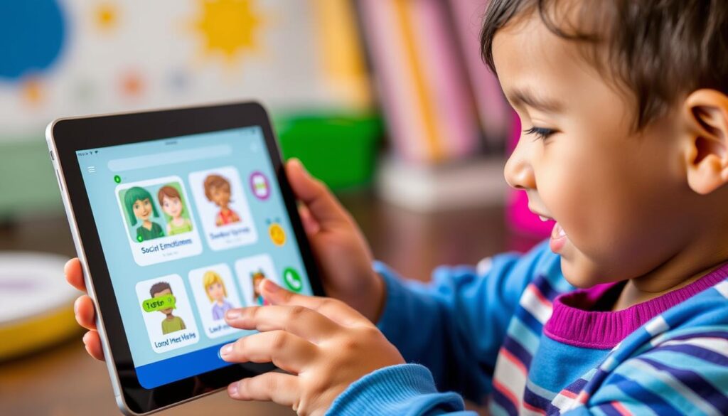Generate an image of a child engaging with Lunesia on a tablet, with interactive social-emotional learning activities on the screen.