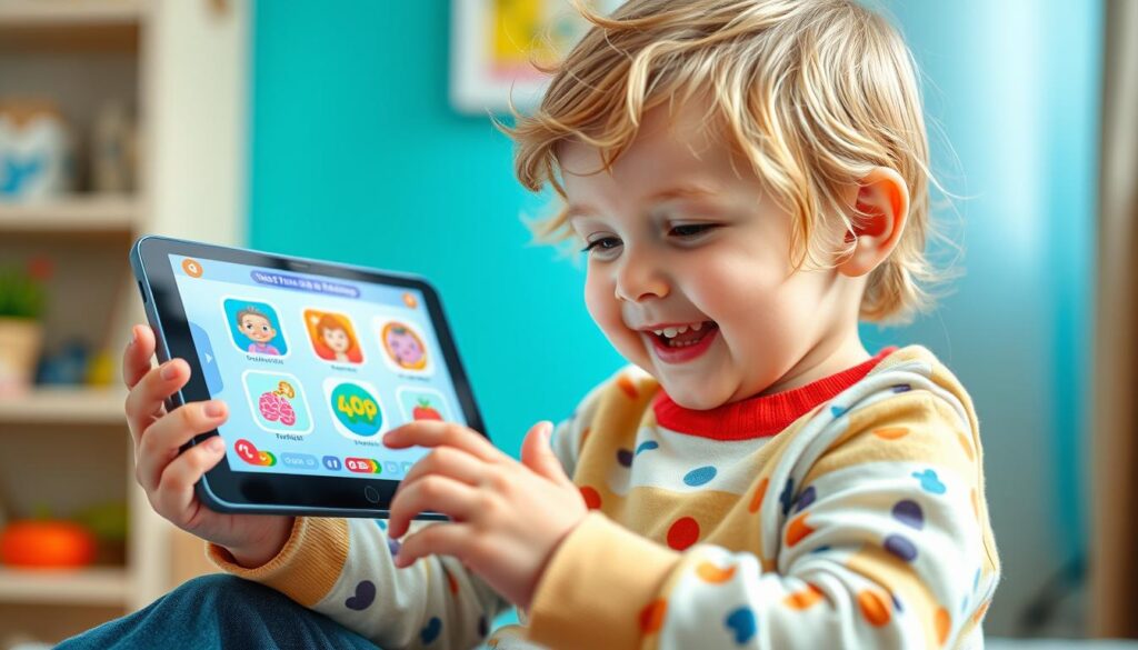 Generate an image of a child engaging with a brain training app on a tablet.