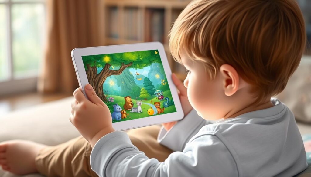 Generate an image of a child engaging with an interactive story on a tablet, with a magical forest scene unfolding on the screen.
