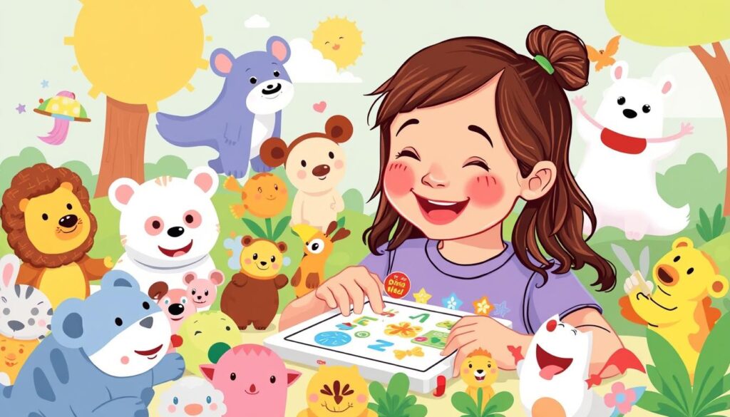 Generate an image of a child happily playing with the Piknik app on a tablet, surrounded by various Sago Mini World characters.