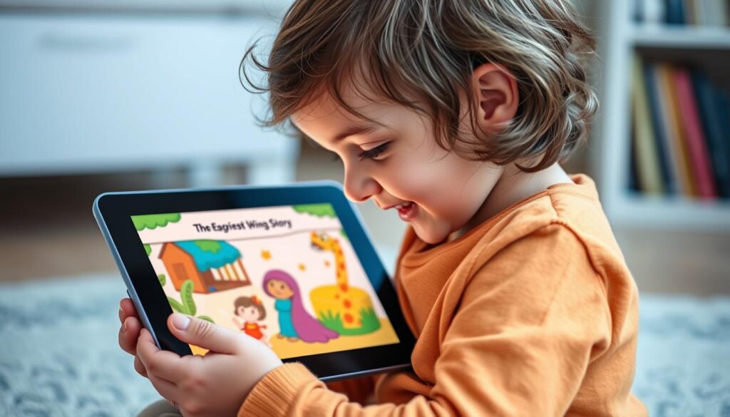 Generate an image of a child interacting with a tablet displaying an interactive story.