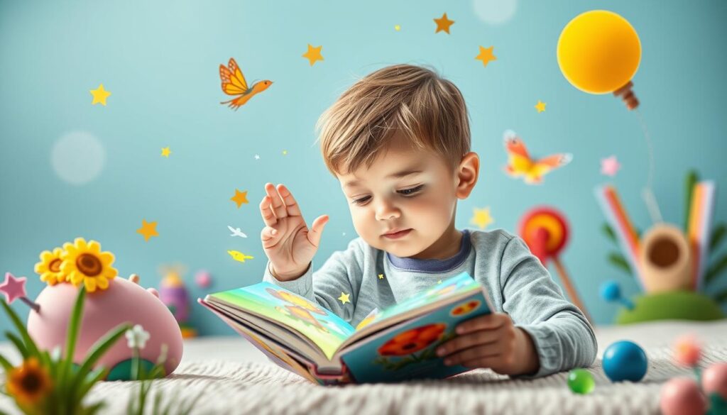 Generate an image of a child interacting with an AR-enabled children's book