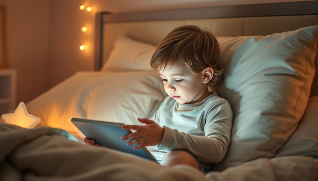 Generate an image of a child listening to a bedtime story on a tablet