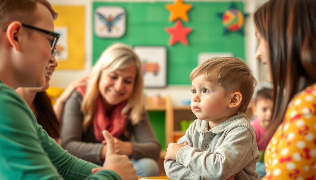 Generate an image of a child making a choice in a safe and supportive environment.