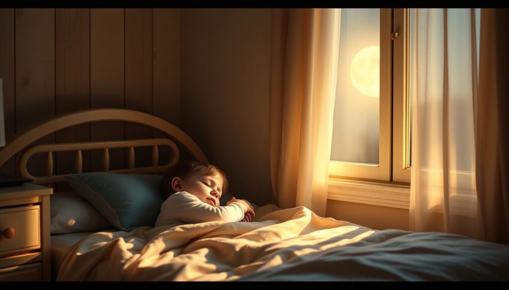 Generate an image of a child peacefully sleeping with a gentle moon shining through the window