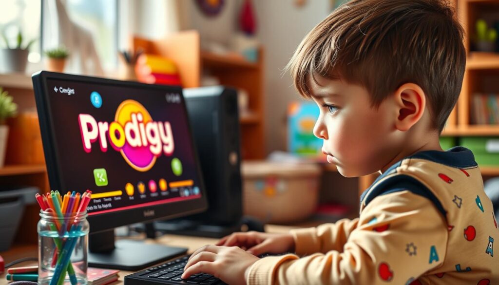 Generate an image of a child playing Prodigy on a computer.