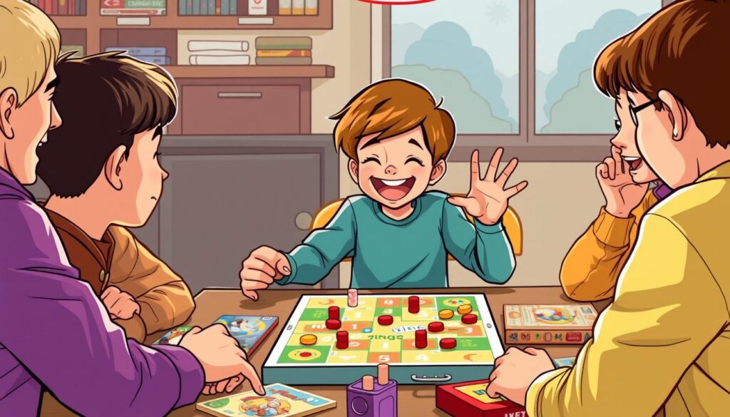 Generate an image of a child playing Zingo with friends at a table, surrounded by other board games.