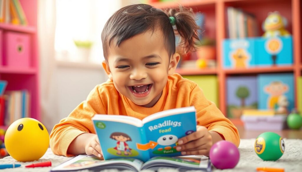 Generate an image of a child playing a reading game on Reading Eggs.